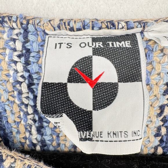 It’s Our Time Vintage Cotton Knit Sweater Fringe Hem Blue Beige Striped USA Made - Picture 5 of 6